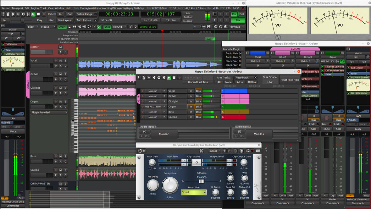 A screenshot of Ardour 6.7 showing its recorder, editor and mixer windows.