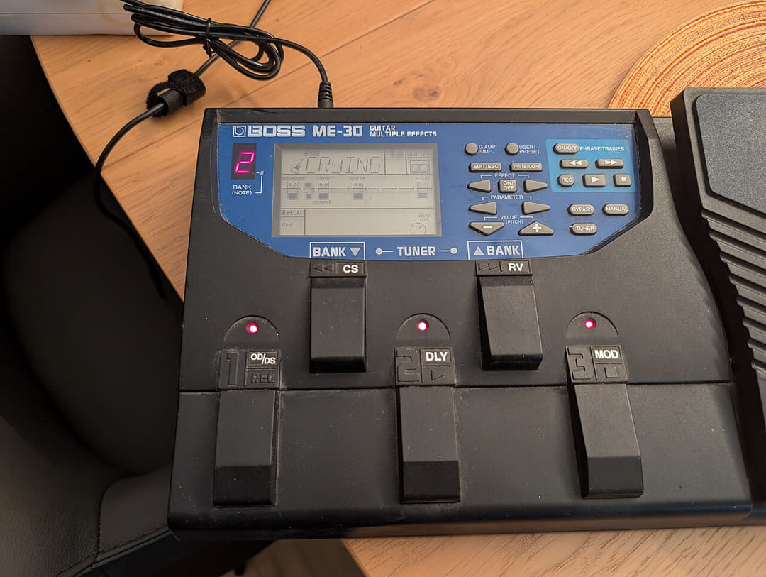 A Boss ME-30 guitar multi-effects unit.