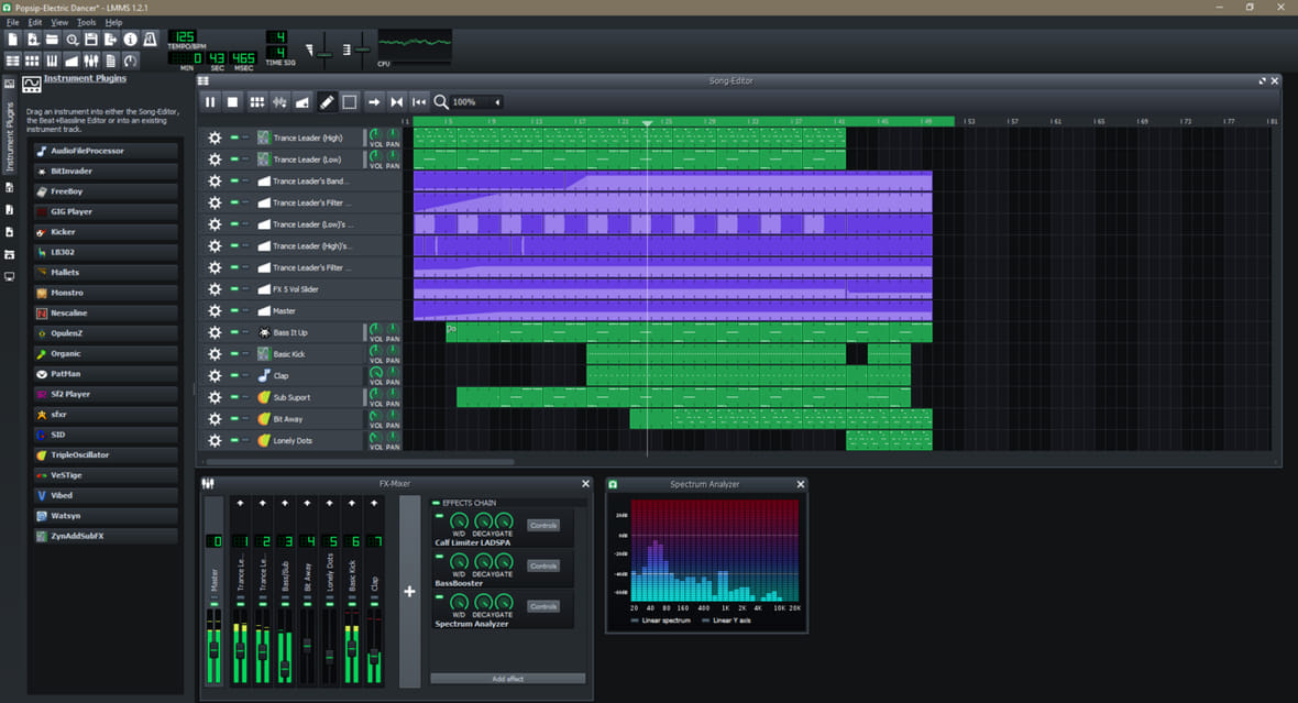 A screenshot of LMMS 1.2.1 with its demo song loaded, showing the sequencer and tracks.